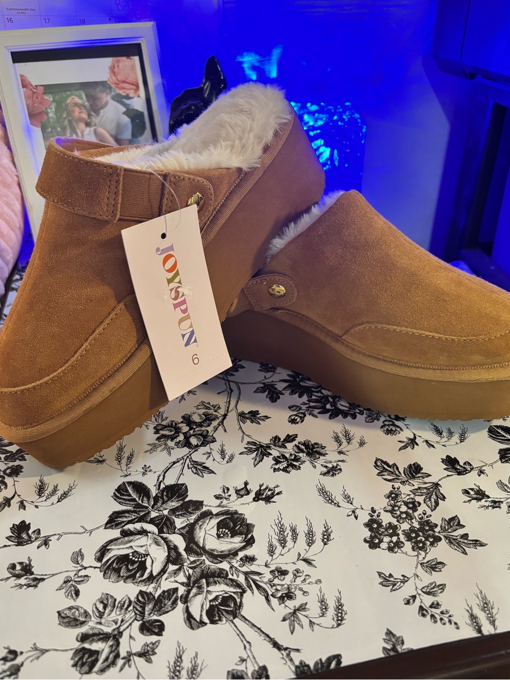 Joyspun Women's Tan Suede Platform Slip-On with Faux Fur Lining